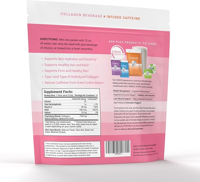 Thrive Premium Collagen Powder Drink - Pink Lemonade - Type I and III Collagen Hyaluronic Acid Biotin Vitamin C (16 Stick Packets Pink Lemonade Infused Caffeine)