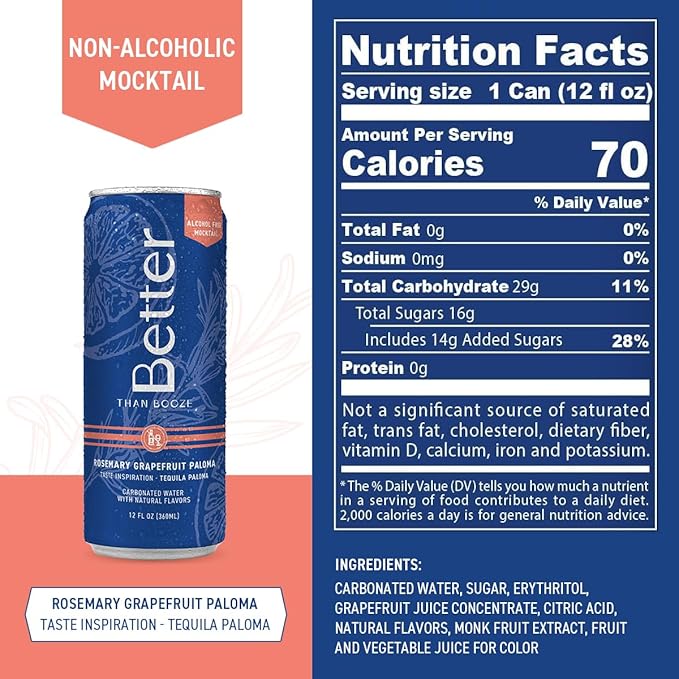 Better Than Booze Mocktails Non-Alcoholic Drinks | Alcohol Alternative Beverages Ritual Zero Proof | Enjoy Your Drink Moment with Our Alcohol Free Drinks Rosemary Grapefruit Paloma 12 Fl Oz 4 Pack