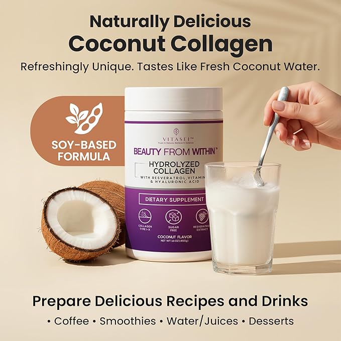 VITASEI Hydrolyzed Collagen Peptides Powder with Resveratrol &amp Vitamin C – Hair Skin &amp Joint Support – Colágeno Hidrolizado for Women &amp Men – Soy-Based Formula – Coconut Flavor 16 oz (30
