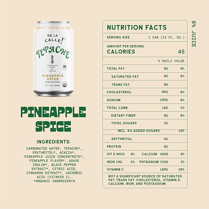 De La Calle Tepache - Pineapple Spice - Modern Mexican Soda - Craft Fermented Pineapple Sparkling Beverage - Certified Organic Antioxidant Rich Non-Alcoholic Healthy Soda Low Sugar Low Calorie N