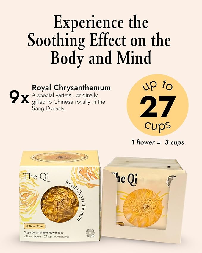 The-Qi Royal Chrysanthemum Blooming Flower Tea – The Qi 9 Pcs Whole Chrysanthemum Flowers – 100% All Natural Blooming Tea Gift Set for Inner Calm &amp Relaxation Caffeine-free – Makes 27 Cups