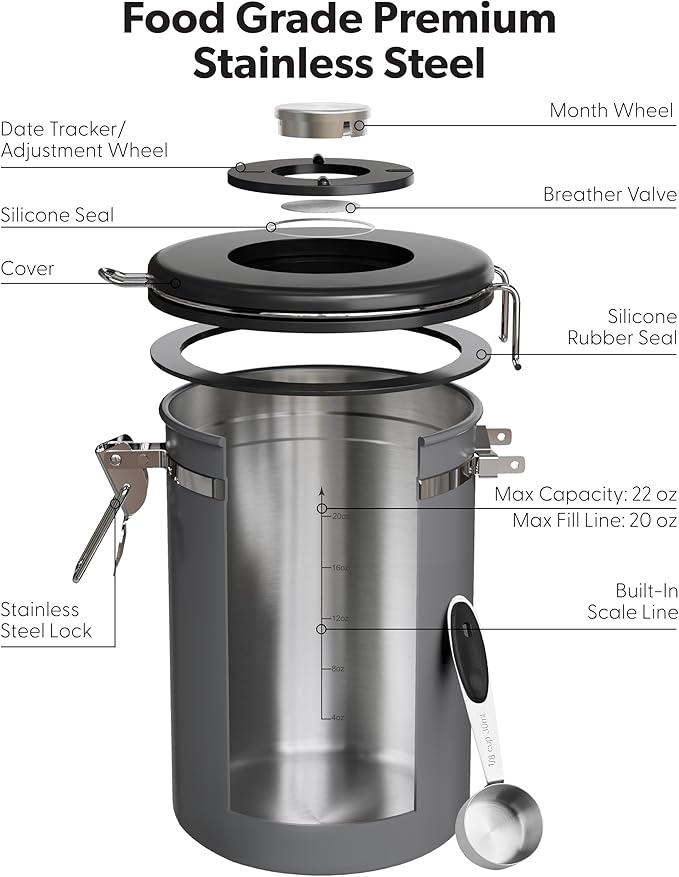 Veken Coffee Canister with WindowAirtight Stainless Steel Kitchen Food Storage Container Date Tracker &amp Scoop for Grounds Coffee Beans Tea Flour CerealSugar22OZGrey