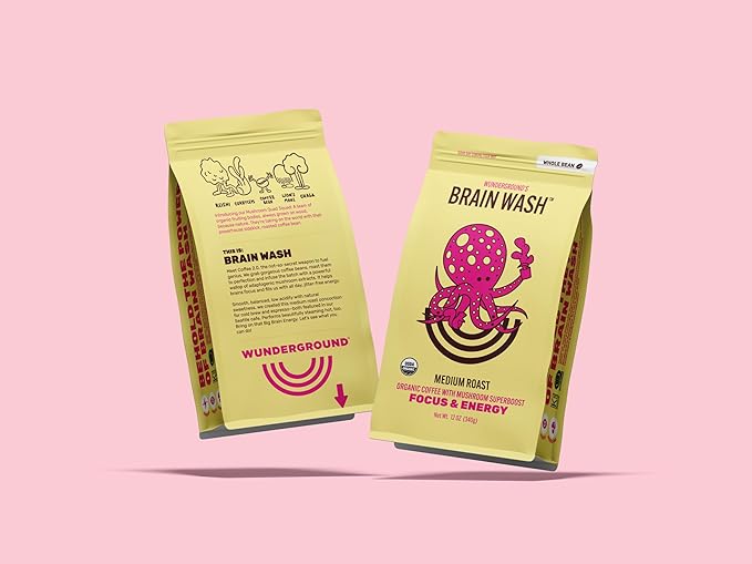 Wunderground's Brain Wash Medium Roast Organic Whole Bean Coffee with Mushroom SuperBoost (12 oz Bag)