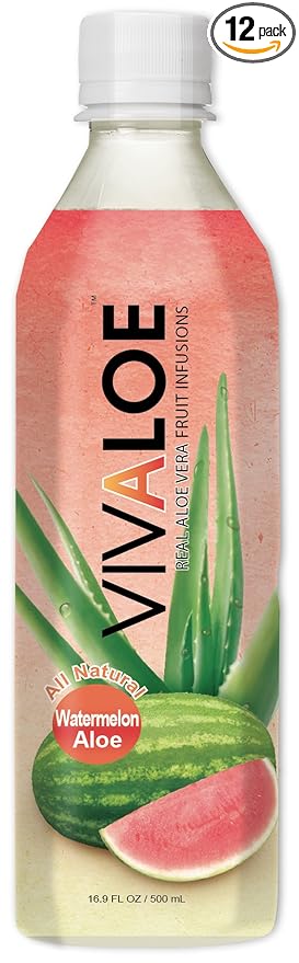 Vivaloe Watermelon Flavor Aloe Beverage All Natural Aloe Juice 16.9 fl. oz./500 mL 12 Count