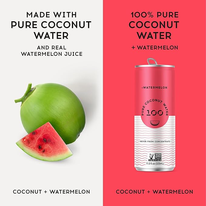100 Coconuts Watermelon Pure Coconut-100% Pure Coconut Water - Low Calorie All-Natural Drink with Electrolytes - Naturally Sweet no preservatives- Non-GMO 11 fl oz Pack of 12 (Pure Coconut Water)