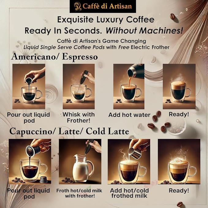 Caffè di Artisan Asmara Liquid Coffee Pods – 24 Count | Medium Roast Arabica with Frother | Peel &amp Pour | Cold Brew Iced &amp Hot Coffee | Eco-Friendly Machine-Free Ready in Seconds