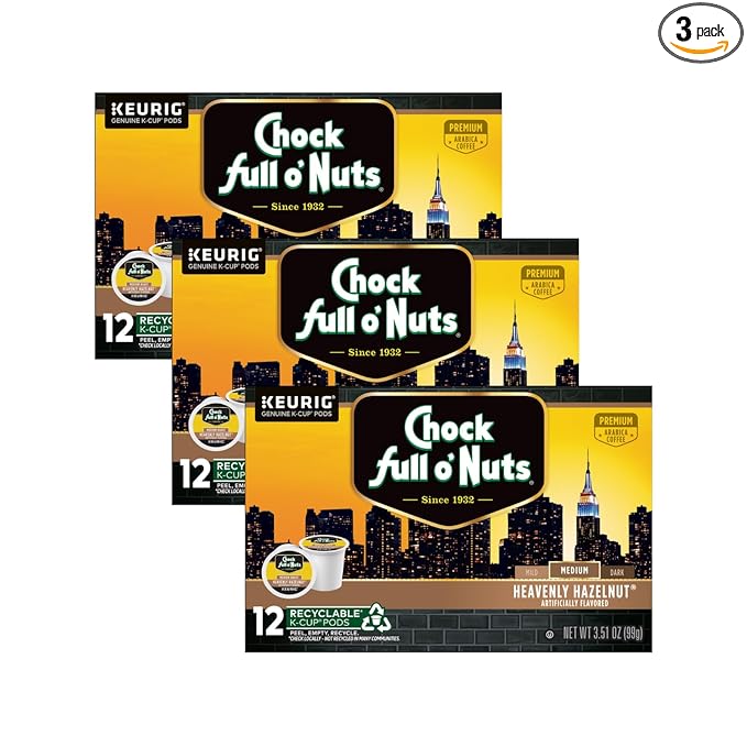 Chock Full o'Nuts Heavenly Hazelnut Coffee Compatible with K-Cup Pods 12 CT (Pack of 3)