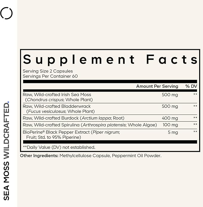 Codeage Raw Wildcrafted Irish Sea Moss Supplement Spirulina Algae Bladderwrack Seaweed Burdock Root Black Pepper Vegan Non-GMO 120 Capsules