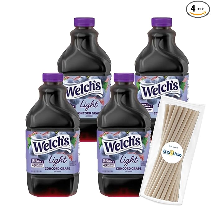 Welch's Concord Grape Light Fruit Juice Drink 64 fl oz Plastic Bottles 4 Pack + 15 Sugarcane Disposable Straws by KOOL8SHOP Infinite Deals