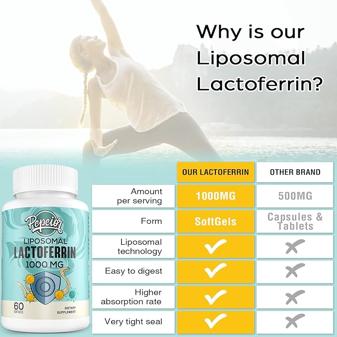 Liposomal Bovine Lactoferrin 1000 mg - Higher Absorption - for Iron Absorption &amp Immune Function Lactoferrin Supplements for Adults 60 Softgels