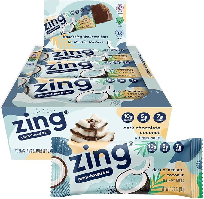 Zing Dark Chocolate Coconut Vegan Protein Bars Gluten Free with High Protein High Fiber Dairy Free Nutrition Bars Plant Based Protein Kosher Low Sugar No Sugar Alcohols - 12 count