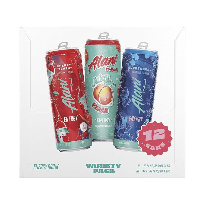 Alani Energy Drinks Christmas Holiday Variety Pack | Breezeberry Juicy Peach &amp Cherry Slush Variety Pack | Sugar-Free Low-Calorie Energy Boost Drink 12 fl oz (Pack of 12) | Winter Limited Editi