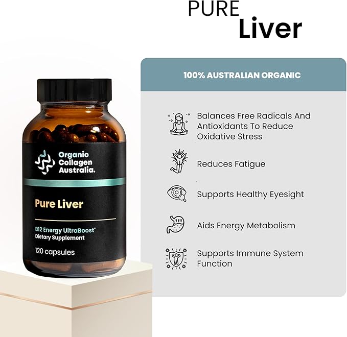 Organic Collagen Australia Pure Liver Capsules - Grass-Fed &amp Pasture-Raised – Source of B12 Energy Immune Support Muscle Strength &amp Metabolism Aid (120 Capsules)