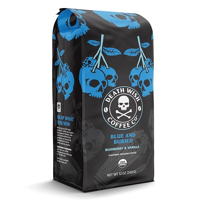 Death Wish Coffee Co. - Flavor Variety Pack - Flavored Coffee Grounds - Extra Kick of Caffeine - Pumpkin Chai Gingerdead and Blue &amp Buried (Flavor Variety Pack)