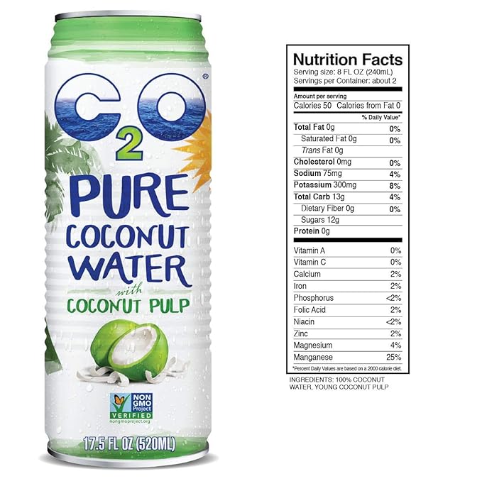 C2O Pure Coconut Water with Pulp | Plant Based | Non-GMO | No Added Sugar | Essential Electrolytes | 17.5 FL OZ (Pack of 12)