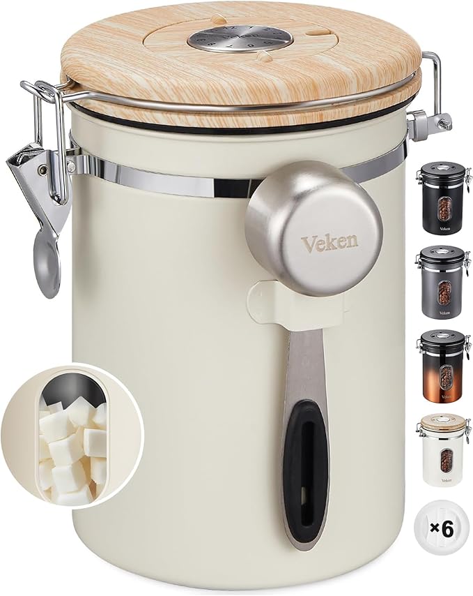 Veken Coffee Sugar Canister with Window Easter Gifts Airtight Stainless Steel Container with Lids Home Kitchen Food Storage Jars for Grounds Beans Tea Flour Cereal Basket Scoop 22OZ Cream