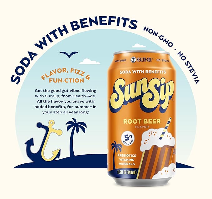 SunSip Prebiotic Soda by Health-Ade Better-for-You Soda Swap Beverage with Vitamins and Minerals Naturally Sweetened with 5g of Sugar Root Beer 11.5 oz (12 Pack)