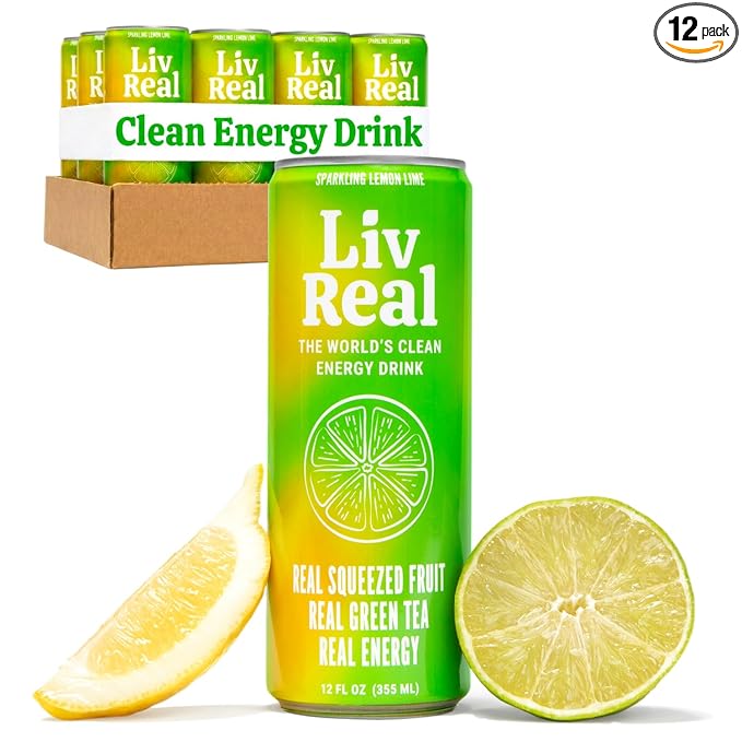 LivReal Clean Energy Drink – Organic Green Tea Caffeine 125mg + L-Theanine 100mg – Real Fruit No Sweeteners or Flavorings – Vitamin C &amp B Complex – Sparkling Lemon Lime Water 12 Pack 12 fl oz