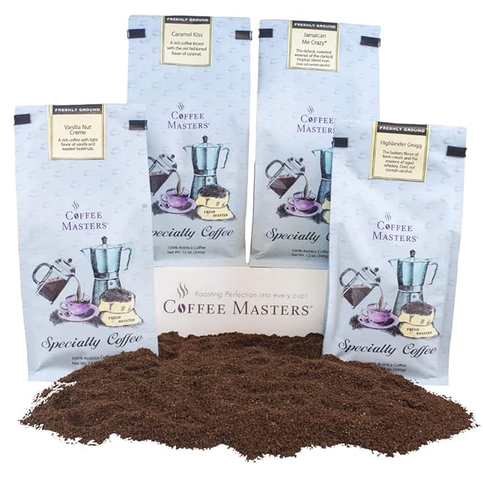 Coffee Masters Ground Coffee Sampler Jamaican Me Crazy Chocolate Raspberry Dark Chocolate Decadence Almond Amaretto 48 Ounce