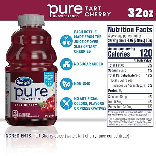 Ocean Spray® Pure Unsweetened Tart Cherry 100% Tart Cherry Juice 32 Fl Oz Bottle (Pack of 8)