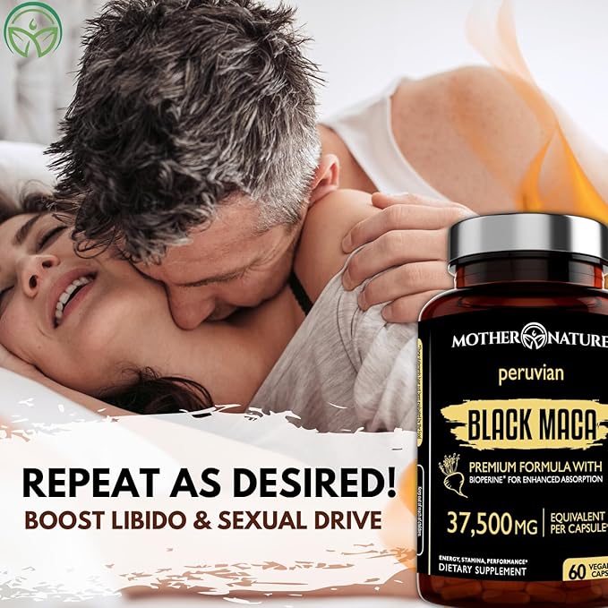 Black Maca Root 50:1 Extract 37500mg – 60 Capsules Organic Peruvian Maca Peruana Supplement for Men | High Potency Energy Mood &amp Performance Support | Vegan Non-GMO