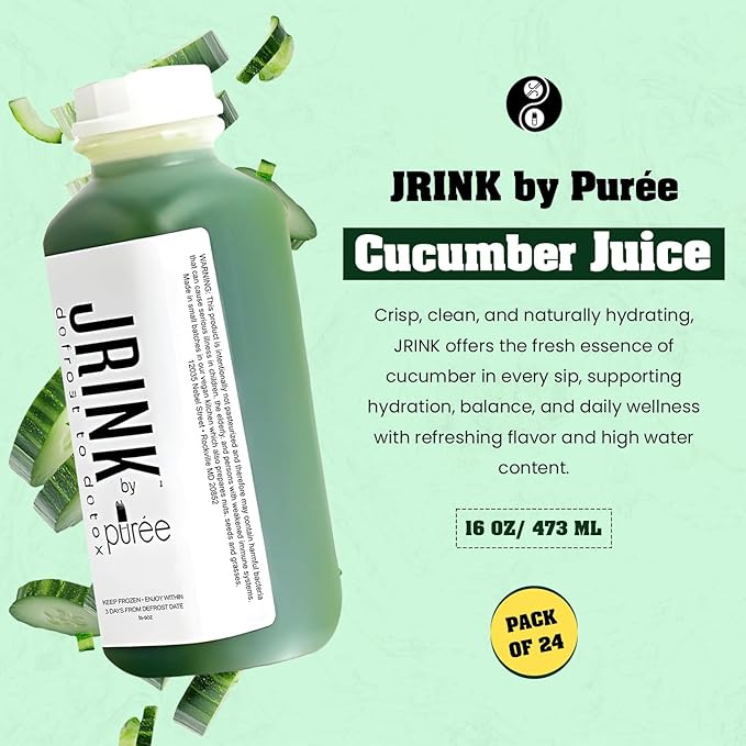JRINK by Purée Organic Cucumber Juice Cold Pressed Detox Drink Healthy Cleanse with No Preservatives Fresh Raw Juice in HDPE Bottles Organic Fruit and Vegetable Cleanse Beverage 16oz Pack of 24