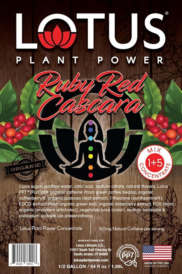 Ruby Red Cascara | Lotus Plant Energy Drink Concentrate | Pure Cane Sugar | 64 fl oz | 1:5 | Natural Caffeine from Green Coffee Bean