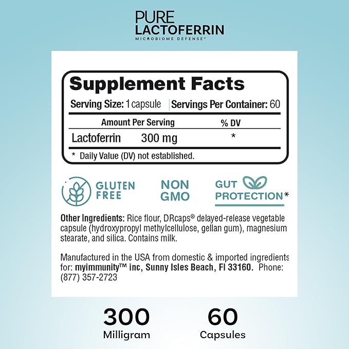 Pure Lactoferrin Microbiome Defense - 300mg Delayed Release Capsules Non-GMO Iron Absorption &amp Immune System Support Lactoferrin Supplements for Adults Gluten-Free (60 Capsules)