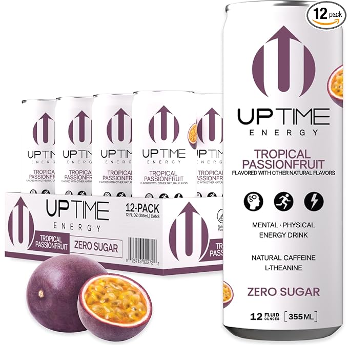 UPTIME - Tropical Passionfruit 12 Pack - Zero Sugar Premium Energy Drink 12oz Cans Natural Caffeine Natural Flavors