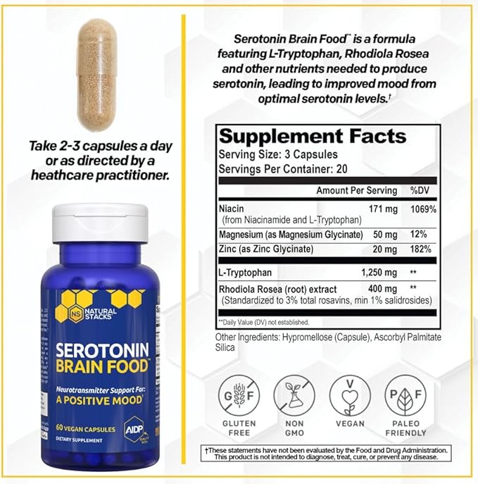 Serotonin Brain Food - 1250mg L-Tryptophan &amp 400mg Rhodiola Rosea Supplement - Mood Support Supplement for Stress Relief - Neurotransmitter Support with Magnesium Glycinate &amp Zinc - 60 Capsule