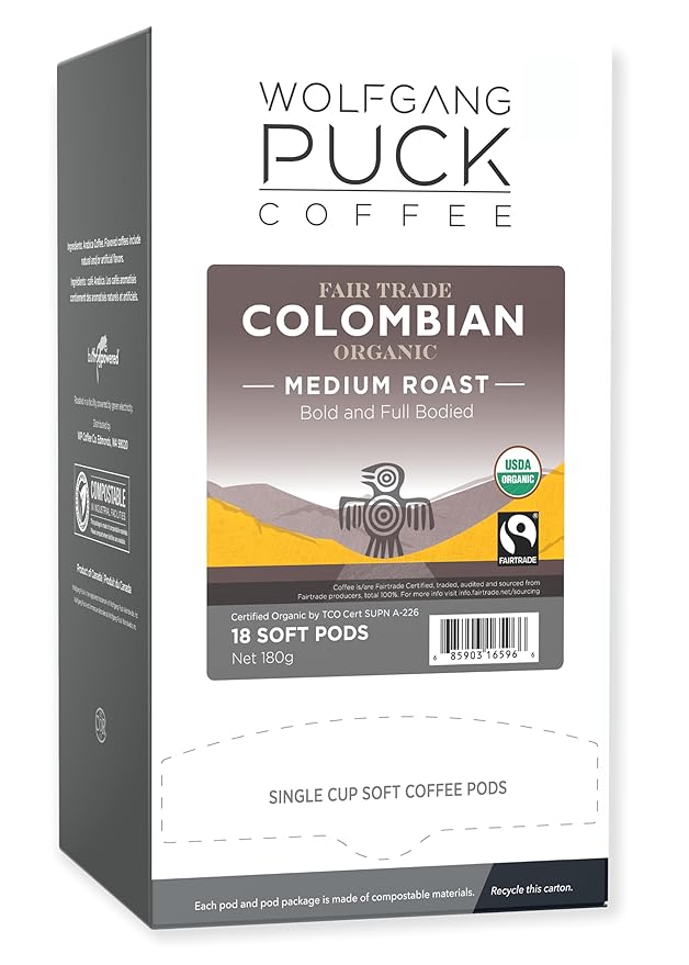 Wolfgang Puck Coffee Colombian Organic Fair Trade 9.5 Gram Soft Pod 18 Count (Pack of 6)