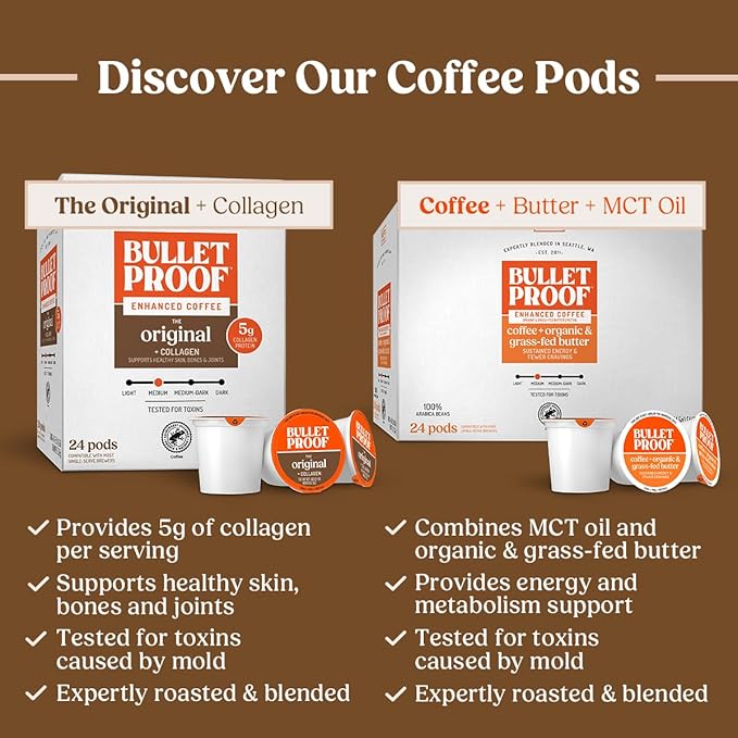 Bulletproof Coffee + Collagen Single-Serve Coffee Pods 24 Count Clean Coffee Tested for Toxins