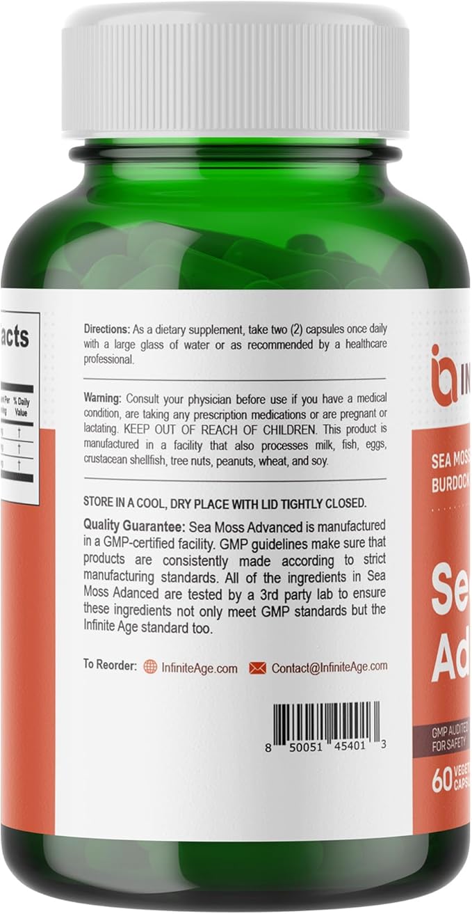 INFINITE AGE 3 Pack of 1250mg Sea Moss Advanced Superfood Capsules 180 Count - High-Potency Vegan Made in The USA - Irish Seamoss Bladderwrack Burdock Root - Overall Health Immunity Support