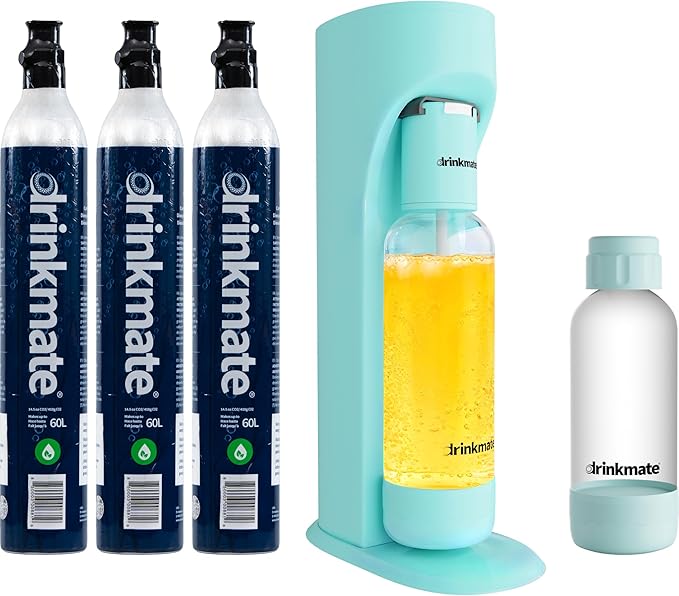 Drinkmate OmniFizz Sparkling Water and Soda Maker Carbonates Any Drink ULTIMATE BUNDLE - Includes three 60L CO2 Cylinders Two Carbonation Bottles and Fizz Infuser (Arctic Blue)