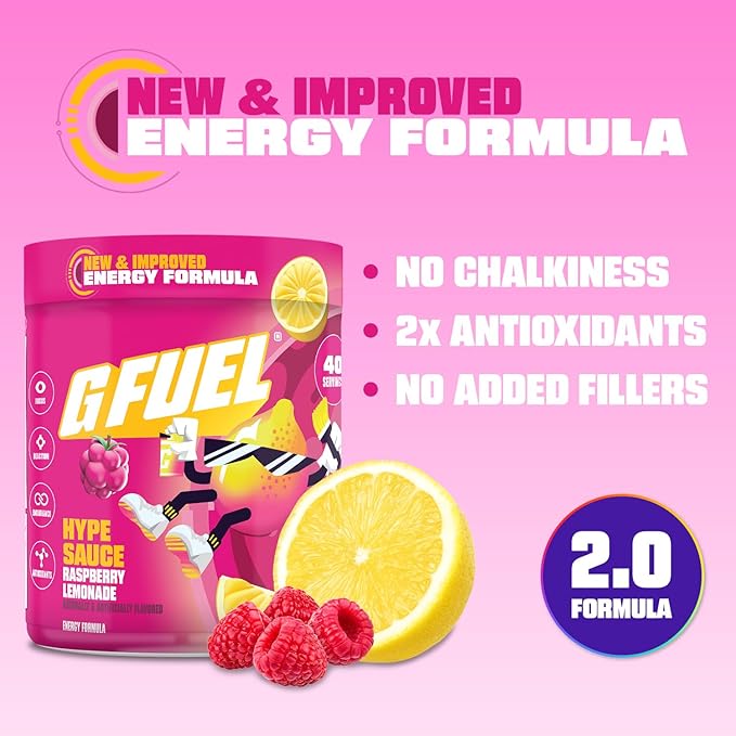 G Fuel Hype Sauce 2.0 Energy Drink Powder Pre Workout Caffeine Mix for Gaming Sugar Free Focus Amino Vitamin + Antioxidants 8.7oz (Raspberry Lemonade 40 Servings)