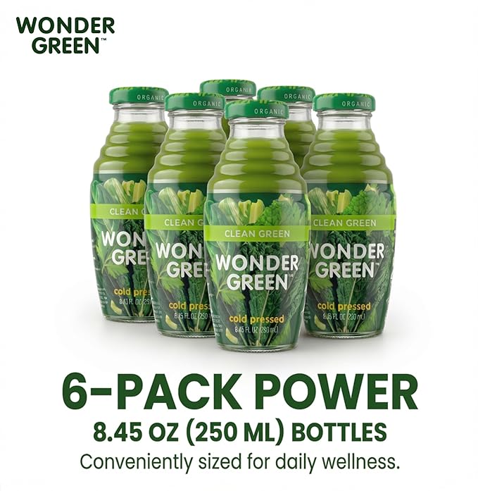 Wonder Green 100% Organic Clean Green Cold Pressed Juice 8.45 oz (6 Pack) | Kale &amp Vegetable Juice Blend All Natural No Additives or Preservatives Not from Concentrate