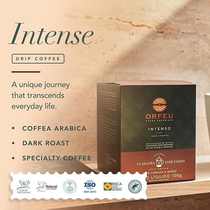 ORFEU - Special Coffee Intense - Drip Sachet - 100% Arabica Coffee Dark Roast Aroma of Toasted Caramel &amp Fruit Jam Low Acidity Made In Brazil Velvety Body - 10 Units 100g (Pack of 2)