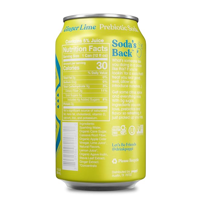 Poppi Sparkling Prebiotic Soda Beverage with Apple Cider Vinegar Seltzer Water and Fruit Juice Ginger Lime Flavor 12 FL Oz Pack of 12 Packaging May Vary