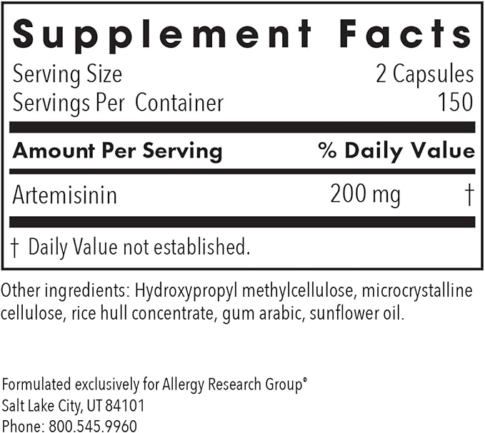 ARG Artemisinin - Delivers 200 mg Concentrated Sweet Wormwood Extract per Serving - Supports Immune and Digestive Health - Hypoallergenic &amp Vegetarian - 150 Servings - 300 Capsules