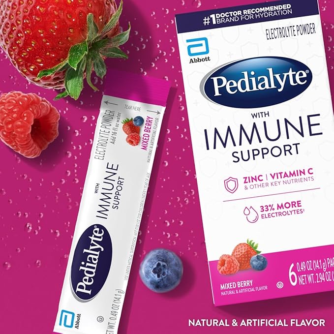 Pedialyte with Immune Support Electrolyte Drink Powder with Vitamin C and Zinc Advanced Hydration Mixed Berry 36 Powder Packets