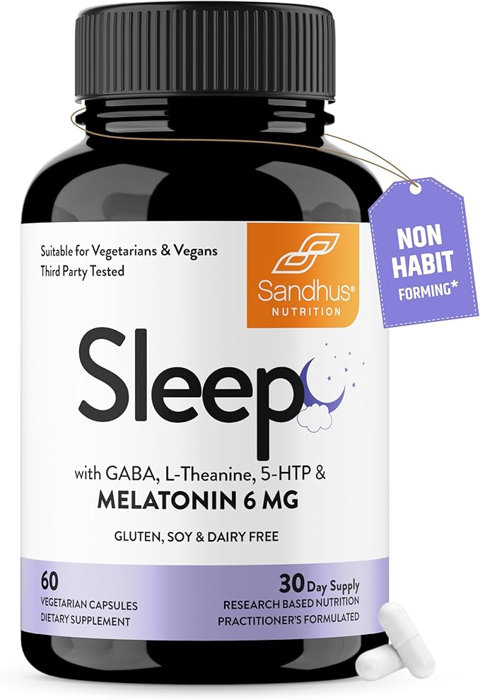 Sandhu's Sleep 60 Capsules –Non-Habit Forming 5-in-1 Sleep Aid Supplement with Melatonin Magnesium GABA L-Theanine &amp 5-HTP