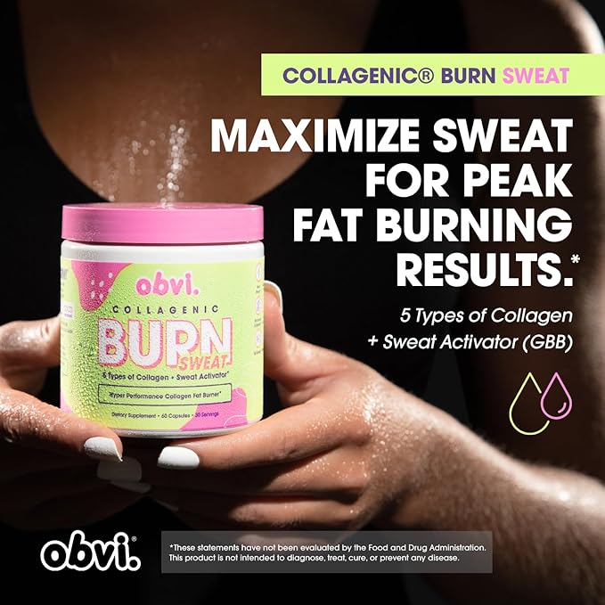 Obvi Collagenic Burn Sweat | Thermogenic Collagen with GBB &amp Green Tea | Supports Sweat &amp Metabolism | 5 Types of Collagen for Hair Skin &amp Joints | 60 Capsules