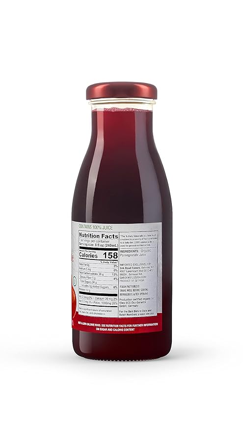 Gardenville Organic Pomegranate Juice (Pack of 12) USDA Organic No Added Sugar U Kosher Certified Pasteurized 8.4 oz Glass Bottles (Pomegranate)