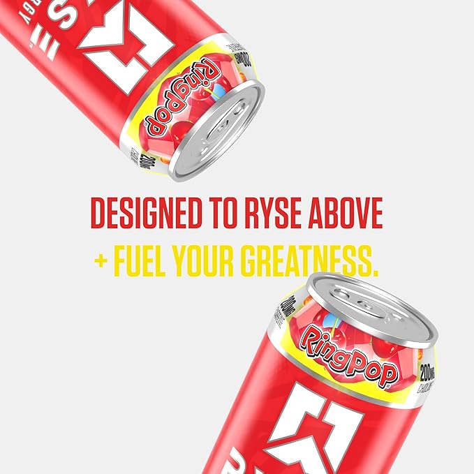 RYSE Fuel Energy Drink - Ring Pop Cherry - Sugar Free Gluten Free &amp Vegan - 200mg Natural Caffeine Taurine &amp Choline for Focus &amp Energy - No Artificial Colors - 16 fl oz Cans (12-Pack)