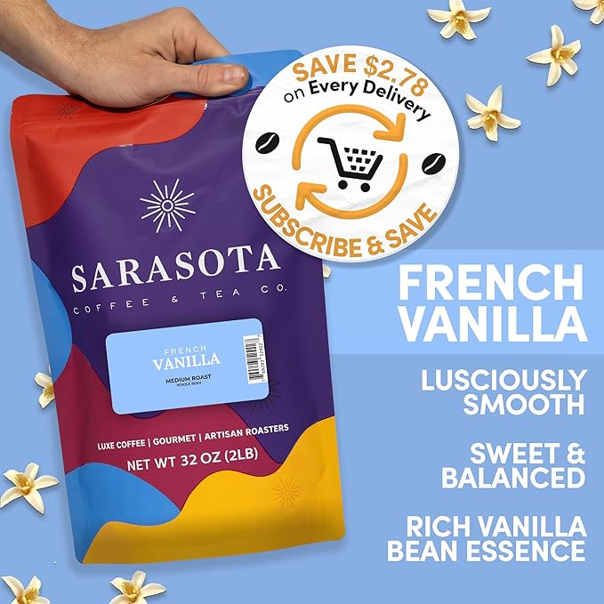 2 lb French Vanilla Whole Bean Coffee | Vanilla Flavored Coffee Beans | Bulk Medium Roast Smooth Sweet | Specialty Grade | 32 oz