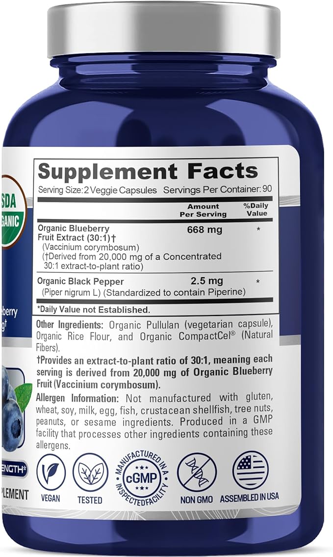 NusaPure Blueberry Concentrate 30:1 Extract 667 mg Equivalent to 20000 mg 180 Veg Caps Suitable for Vegetarian Vegan Non-GMO