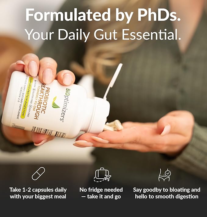 BIOptimizers Probiotic Breakthrough – Lactobacillus Plantarum OM Probiotics &amp Prebiotics Health Supplement for Gut Digestive &amp Immune Support Probiotics for Women Men Elderly– 60 Vegan Capsul