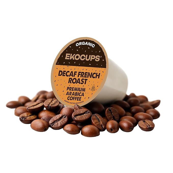 EKOCUPS Organic Swiss Water Decaf French Roast Coffee Pods Extra 30% More Coffee Per Cup Artisan Fair Trade Dark Roast Decaf French Roast for Keurig K Cup Machines Recyclable Pods 80 Count