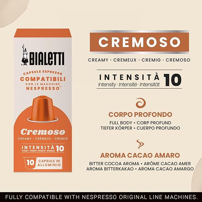 Bialetti Cremoso Espresso Capsules 60 Pack – Original Line Compatible Pods Intensity 10 Smooth Balanced Flavor with Fruity and Hazelnut Notes