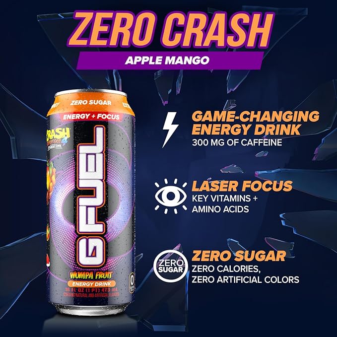G Fuel Energy Drink Apple Mango Sugar Free Beverage with 300mg Caffeine Daily Energy Boost with Focus Amino Vitamin + Antioxidants 16 oz Cans (Crash Bandicoot 12-Pack)